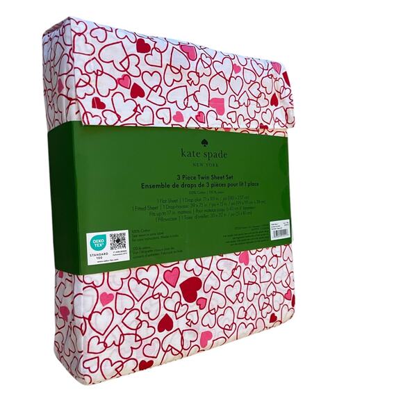 KATE SPADE Valentine's Day Pink Red Outline Hearts TWIN Cotton Sheet Set New - Picture 2 of 11